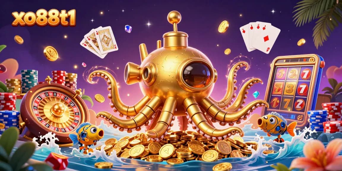 Experience thrilling gameplay at xo88t1 with a vibrant illustration of the golden kraken and casino elements surrounded by coins.