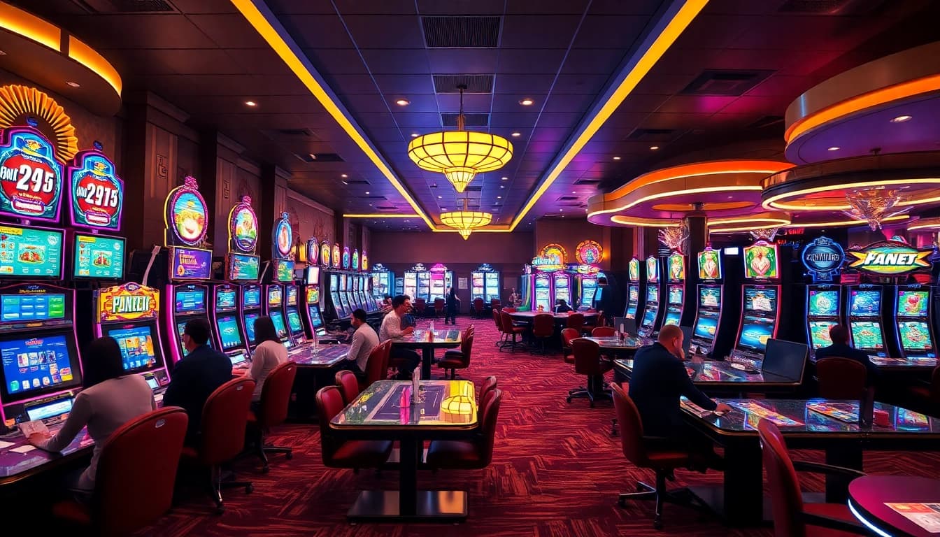 Erlebe die aufregende Atmosphäre der LolaJack Casino mit einer Vielzahl von Spielautomaten und eleganten Spieltischen.
