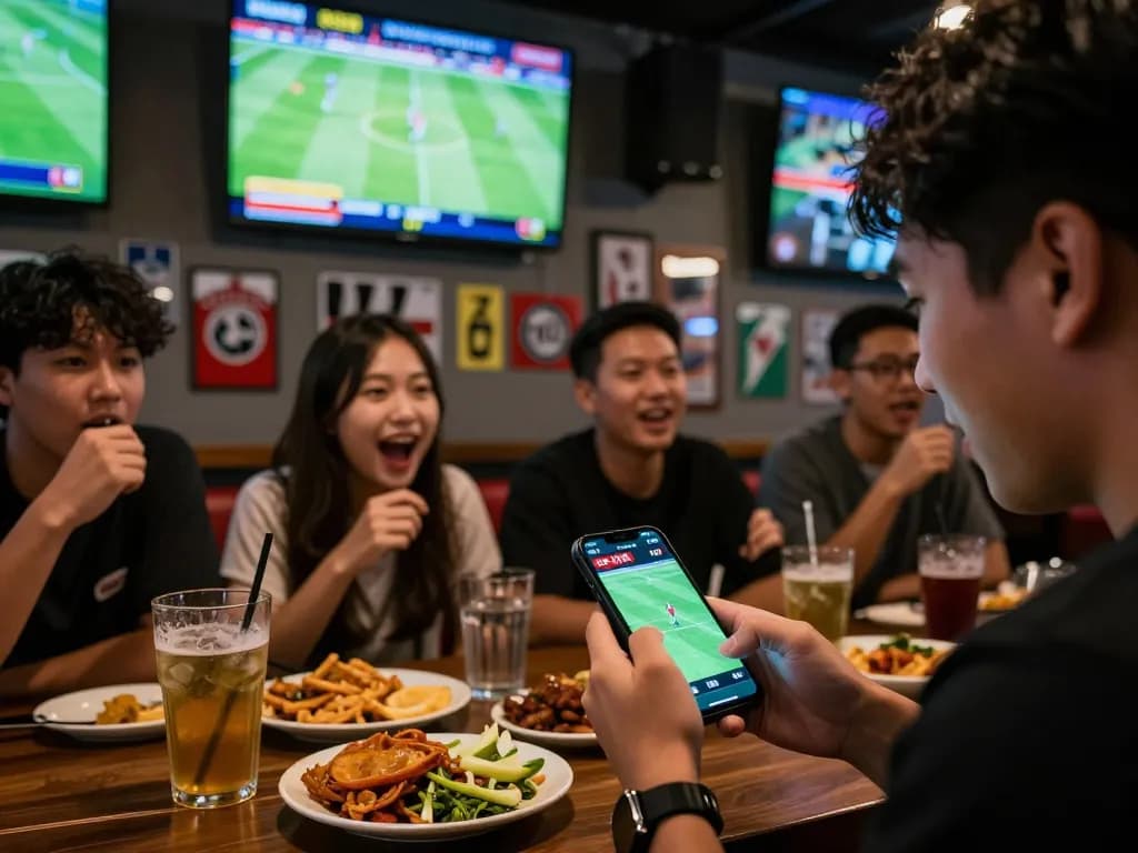 Person engaging in แทงบอล by placing bets on smartphone while watching a live football match
