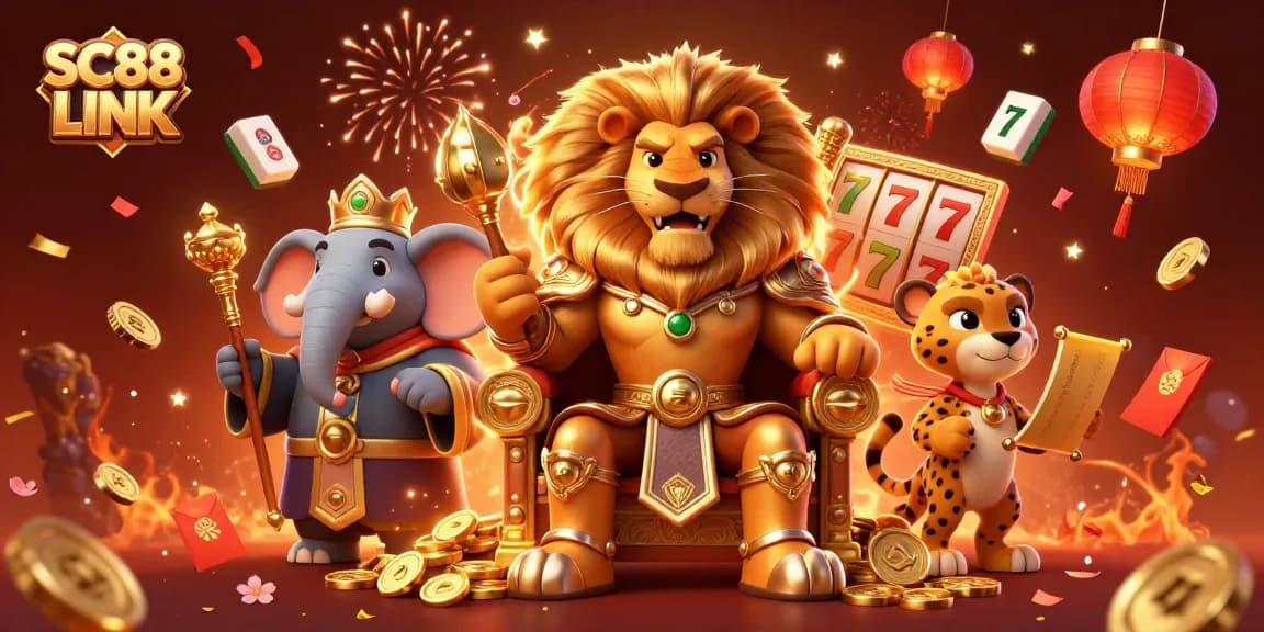 Experience the excitement of SC88 LINK with a dynamic casino scene featuring a lion king and vibrant game elements.