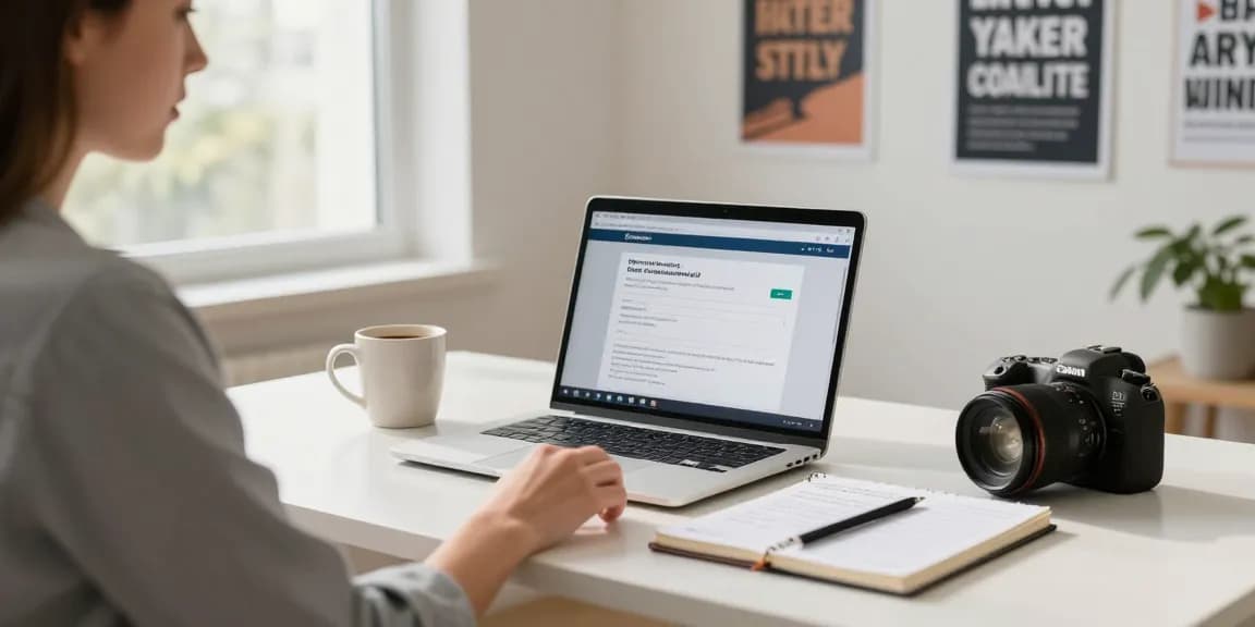 Fokussierte Lernsitzung für MPU Vorbereitung online mit motivierenden Materialien in einem hellen Home Office.
