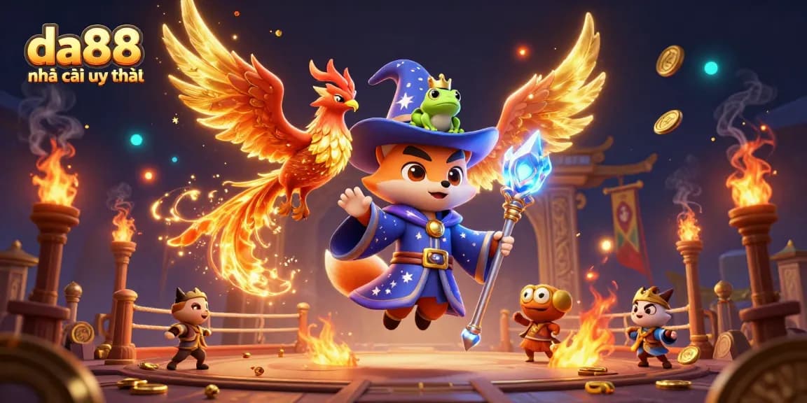 Experience winning at da88 nhà cái uy tín with this magical casino scene featuring a whimsical wizard and phoenix.