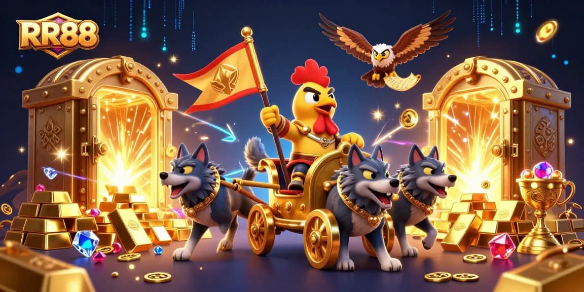 Engage in thrilling gameplay at RR88 with a dynamic 3D illustration showcasing a rooster warlord amid treasures and gaming elements.