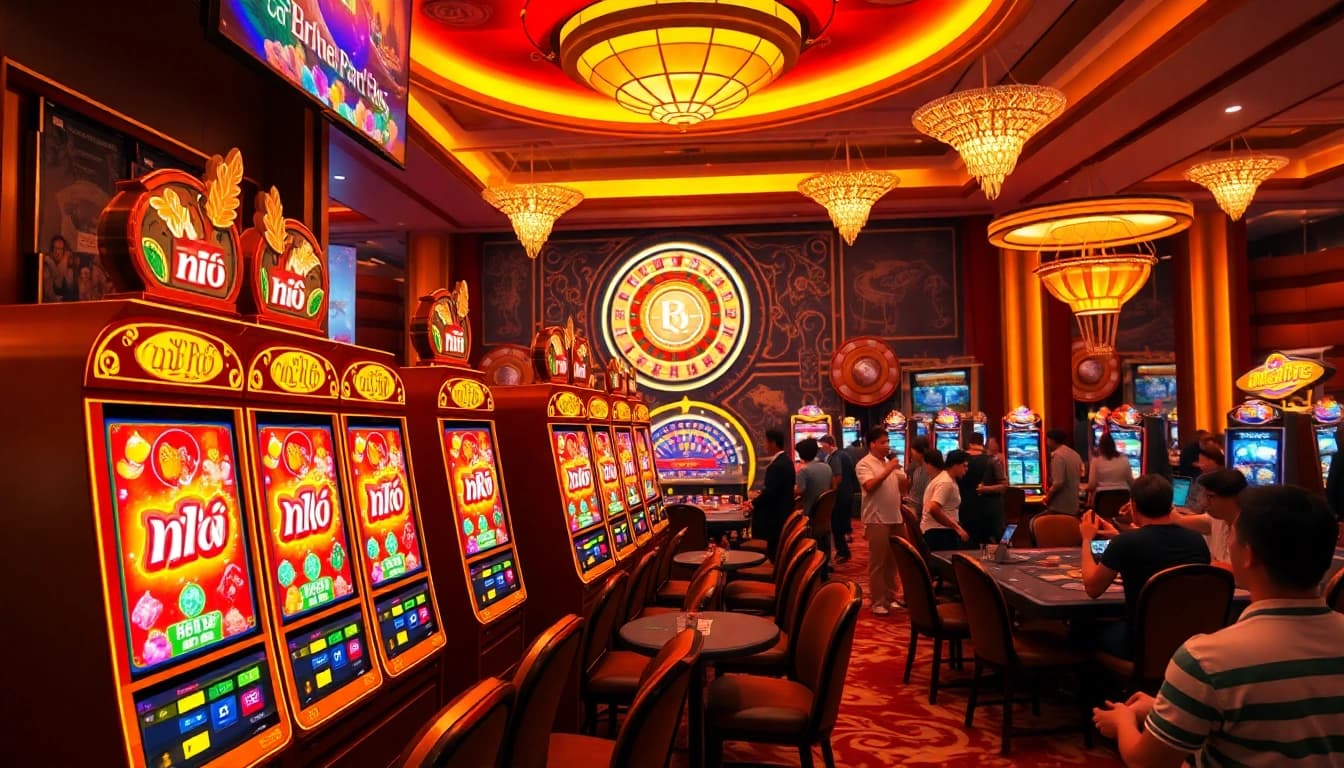 Engaging players at elegant casino slot machines nổ hũ, highlighting excitement and luxury.
