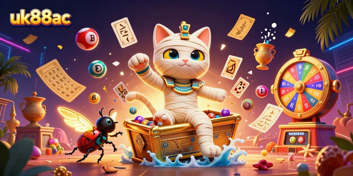 Experience the thrill of uk88ac with vibrant casino elements in a dynamic 3D illustration.