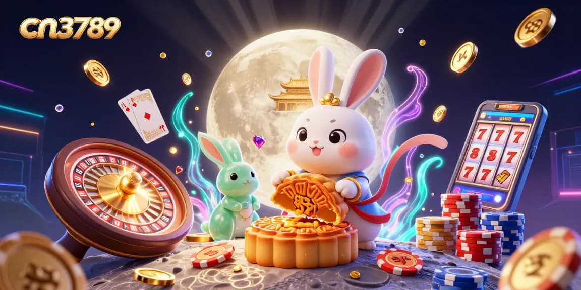 Play and win with cn3789 as cartoon moon rabbits celebrate golden mooncakes revealing poker chips.