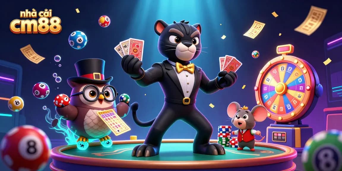 Engage in thrilling games with nhà cái cm88 featuring colorful lottery balls, poker chips, and casino excitement.