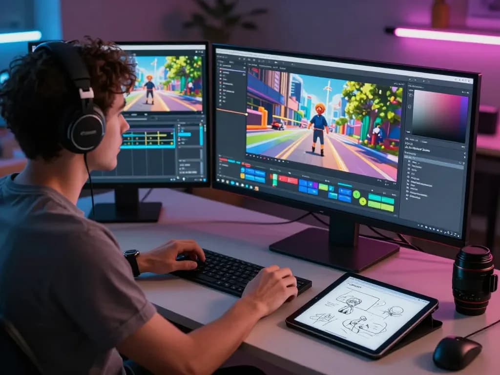 Creating AI videos with free motion control technology at a vibrant digital workspace.