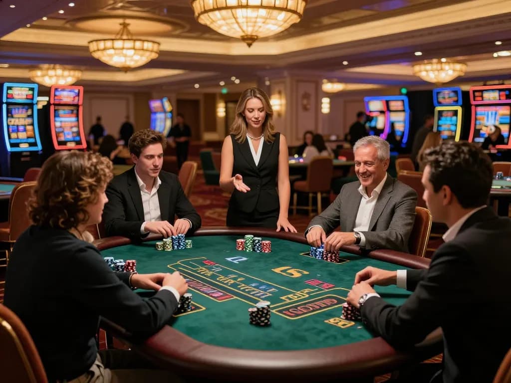 Excited players at trang chủ TG88 high-stakes blackjack table in upscale casino environment.