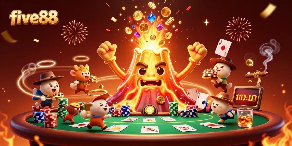 Experience the excitement of five88 with our vibrant casino-themed illustration showcasing adventure and treasures.