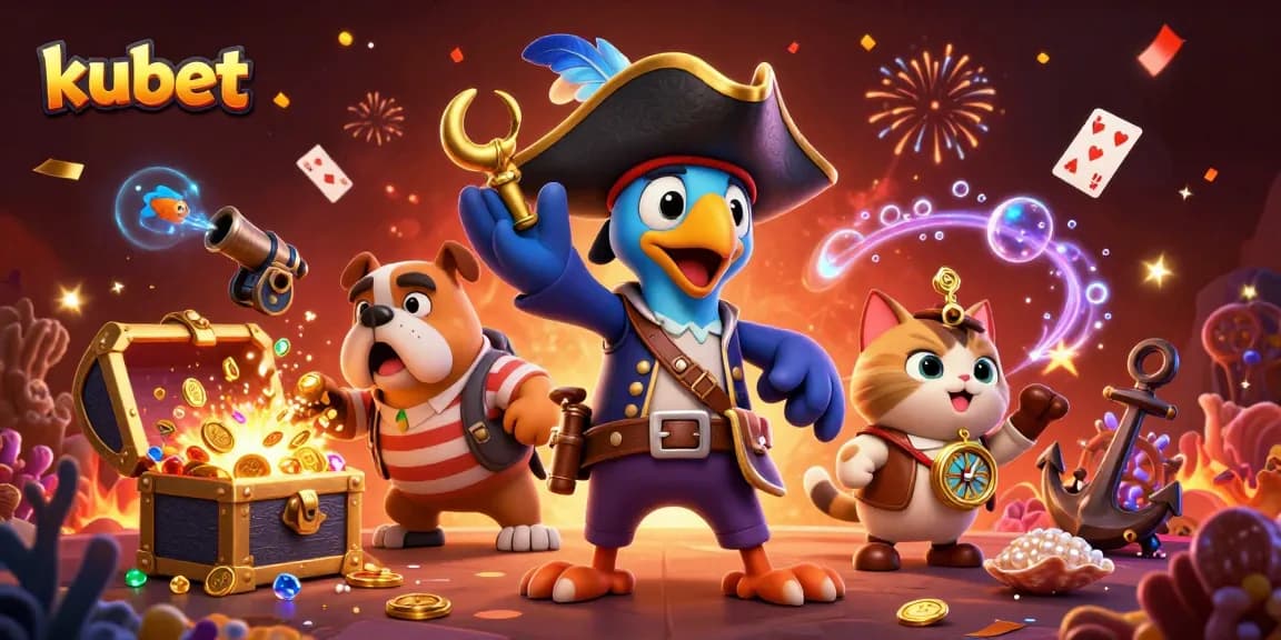 Engaging kubet casino scene with animated characters celebrating amidst vibrant underwater treasures and gaming elements.