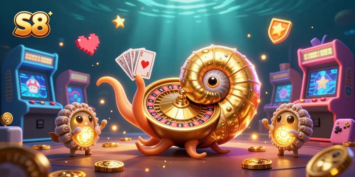 S8 offers thrilling underwater gaming action, featuring a giant nautilus and ammonites surrounded by vibrant casino elements.