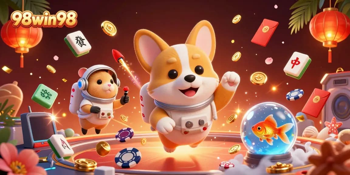 Experience the vibrant universe of 98win98 with a playful astronaut corgi in a floating casino.