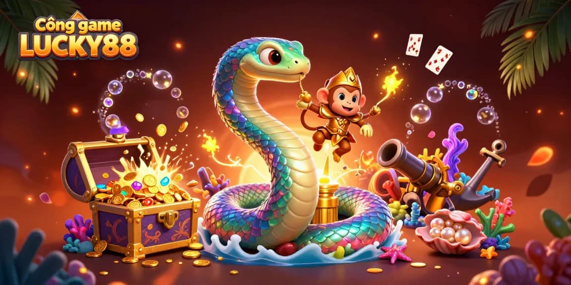 Cổng game LUCKY88 features a vibrant scene with a rainbow serpent, monkey king, and magical treasures.