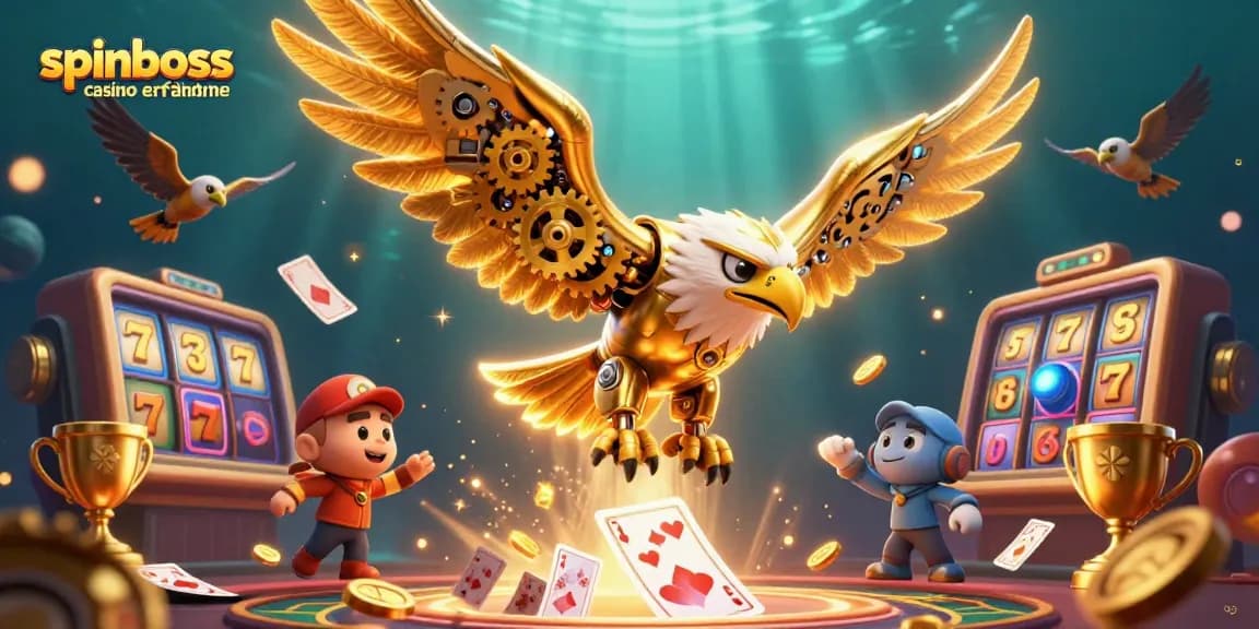 Erleben Sie aufregende SpinBoss Casino Erfahrungen mit einem cybernetischen Adler und gewinnbringenden Elementen.