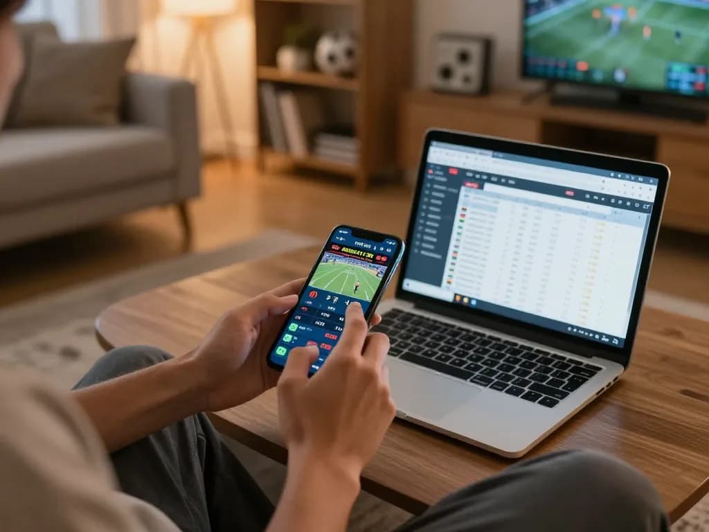 F168 user placing bets on a sports betting app in a cozy home environment, showcasing live game odds.