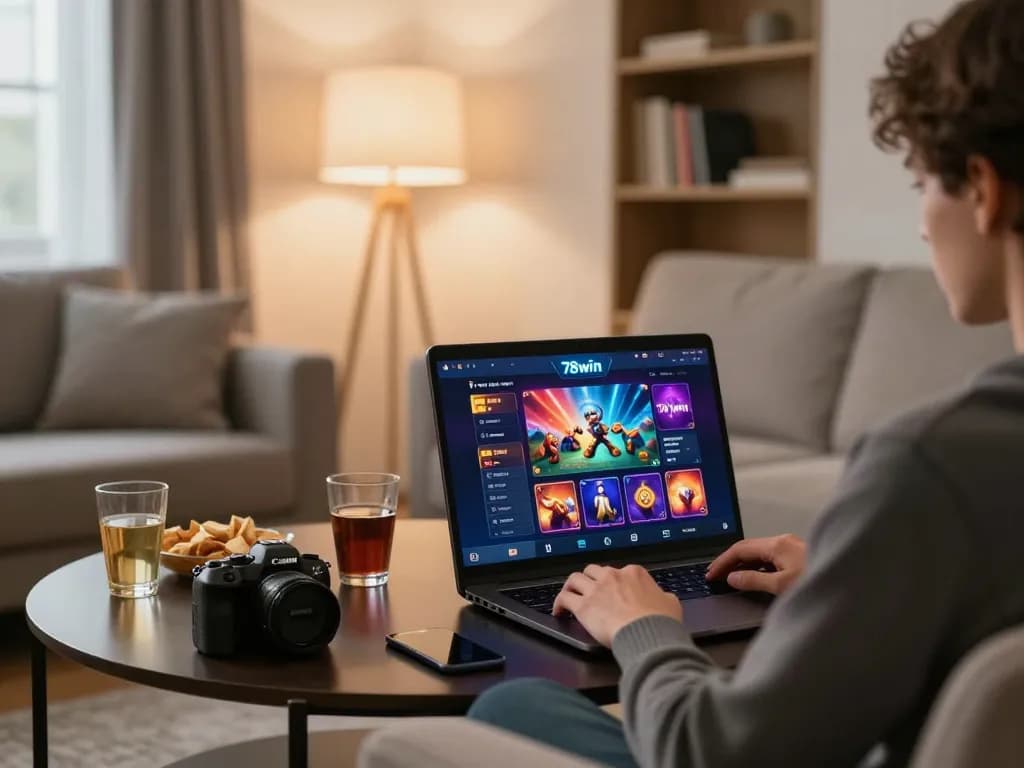 Playing online casino games at home with 78win on the laptop, demonstrating relaxed gaming atmosphere