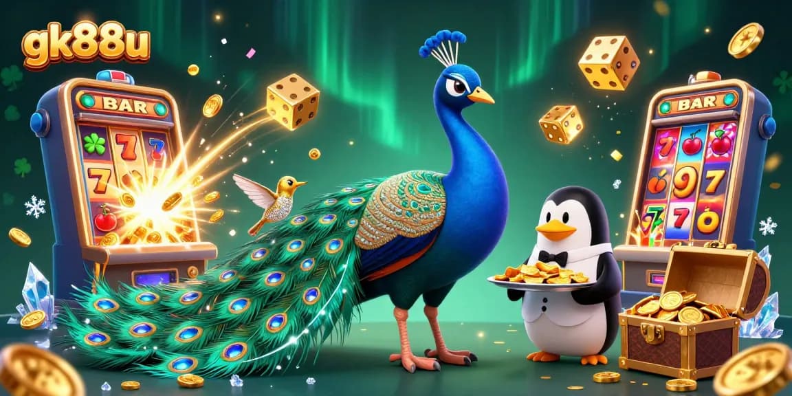 Experience excitement at gk88u with a vibrant 3D casino scene featuring iconic characters and jackpot elements.