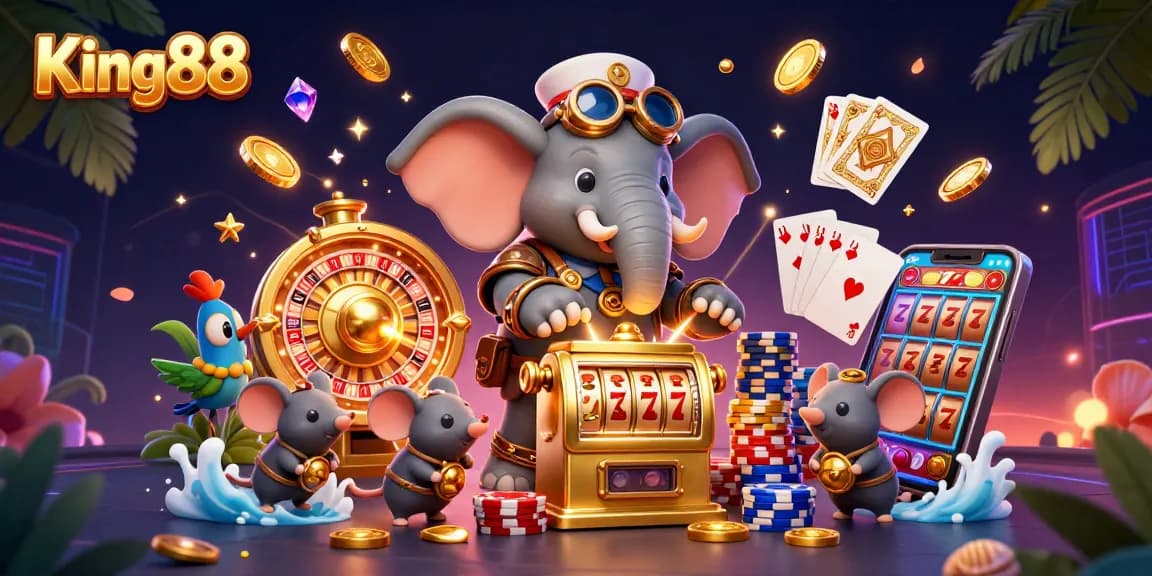 Experience King88 with a steampunk elephant operating a golden slot machine amidst vibrant casino elements.