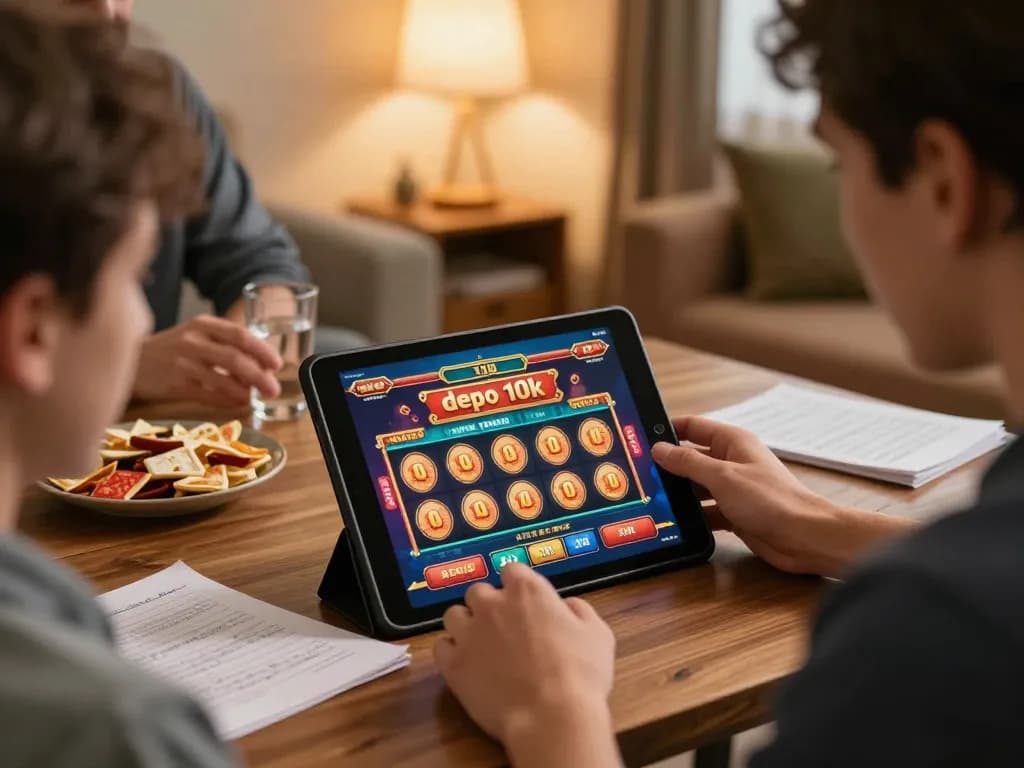 Player engaged in slot depo 10k online gaming with tablet, showcasing relaxed home atmosphere.