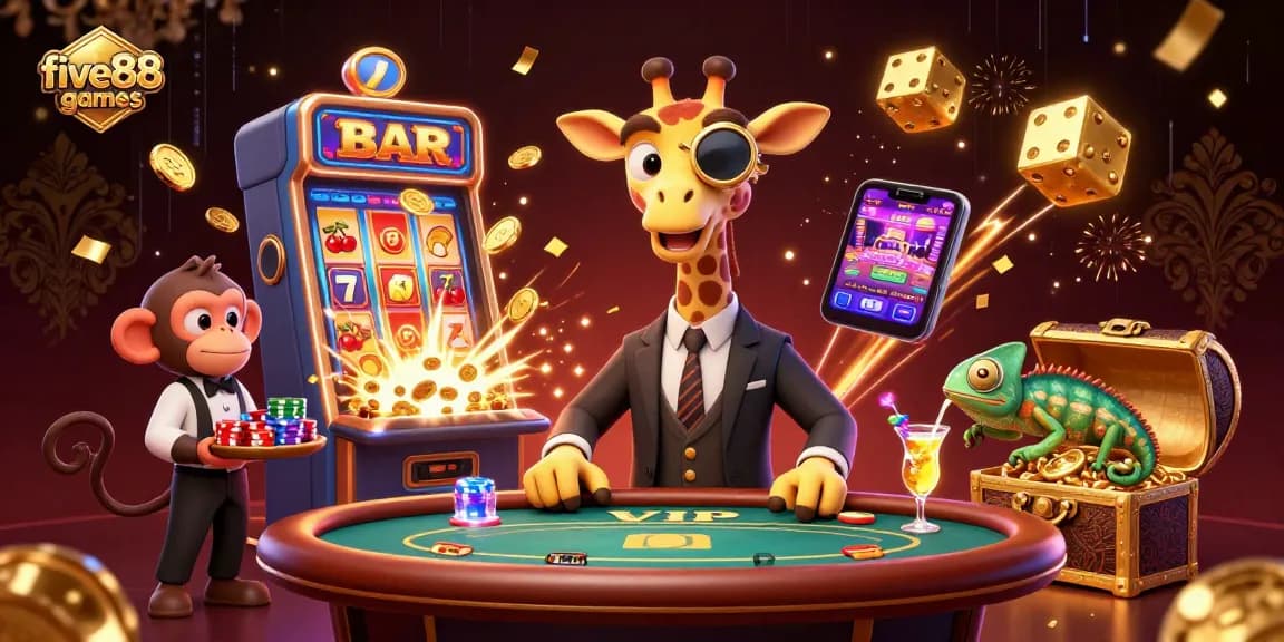 Experience excitement at five88games with vibrant characters and a jackpot explosion in a luxurious casino setting.