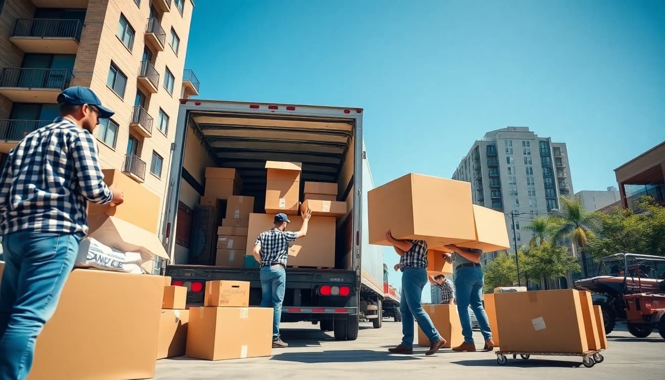Umzugsunternehmen Ludwigshafen pack furniture into a truck during a busy relocation.