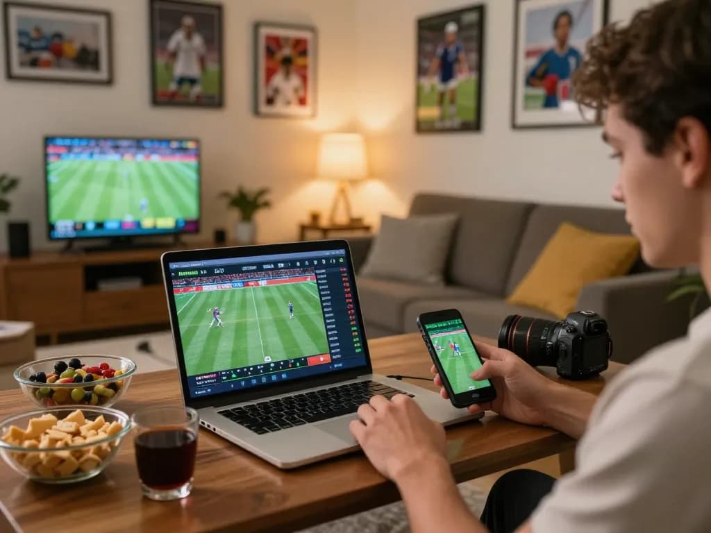Player actively betting on trang chủ NK88 with a laptop in a cozy home setting, capturing sports betting excitement