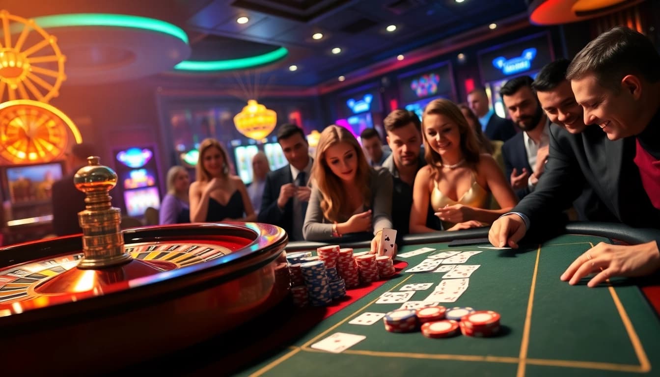 Experience the excitement of MMOO gaming at a vibrant casino table filled with poker chips and dynamic players.