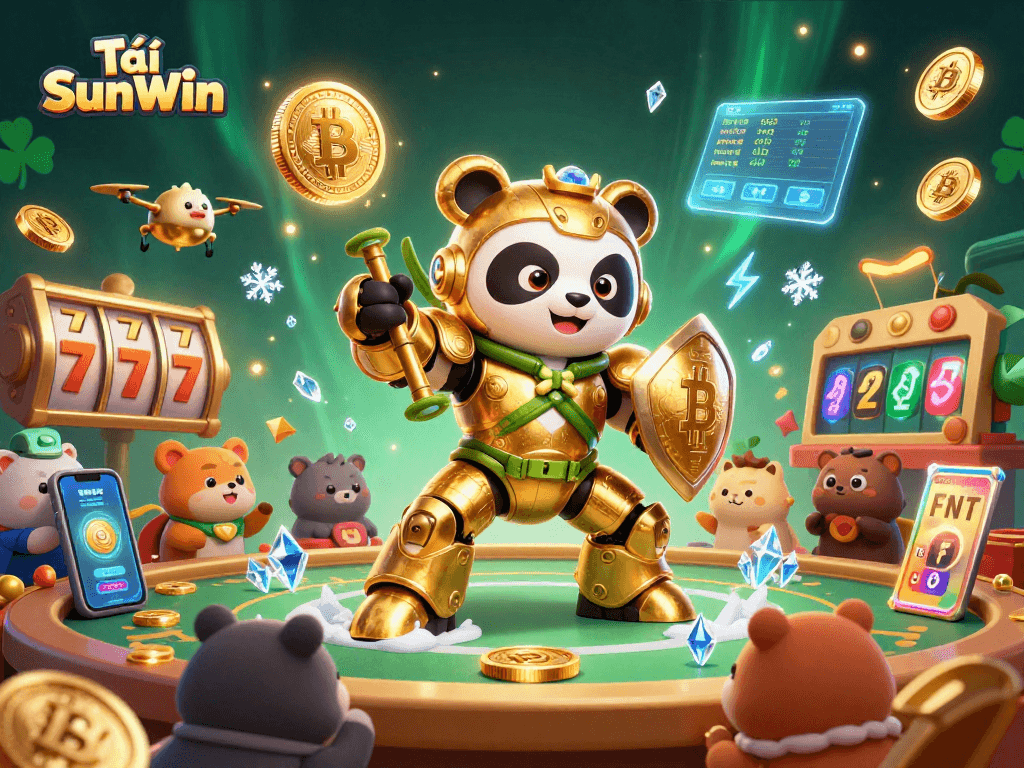 Tải SunWin showcases an exhilarating scene of 3D characters in a vibrant gambling arena filled with Bitcoin and Ethereum symbols.