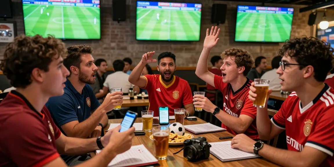 Fussball Wetten Tipps: Begeisterte Fans im Sportbar, die ihre Wetten diskutieren und das Spiel verfolgen.