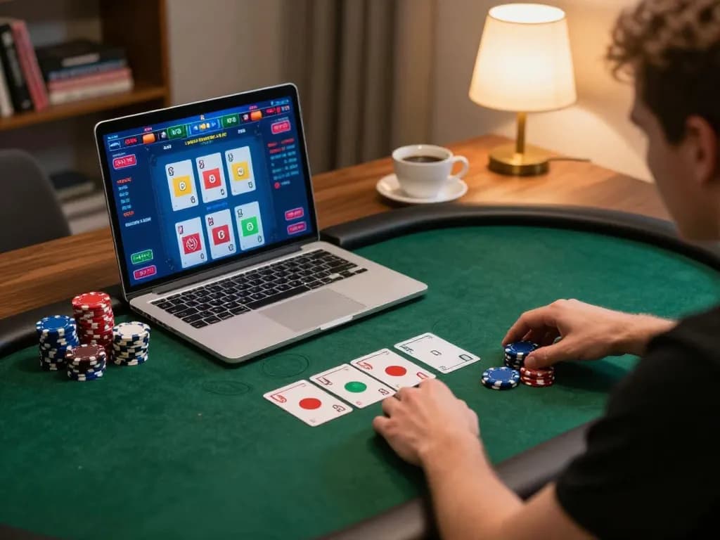 E2BET không chặn - player bets in online poker from cozy home setting with laptop open