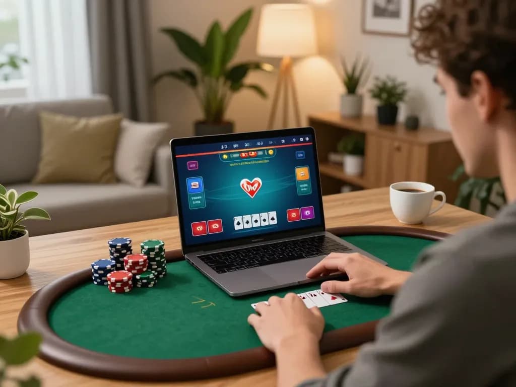 Player using F168 for online poker with engaging visuals on the screen, cozy home atmosphere.