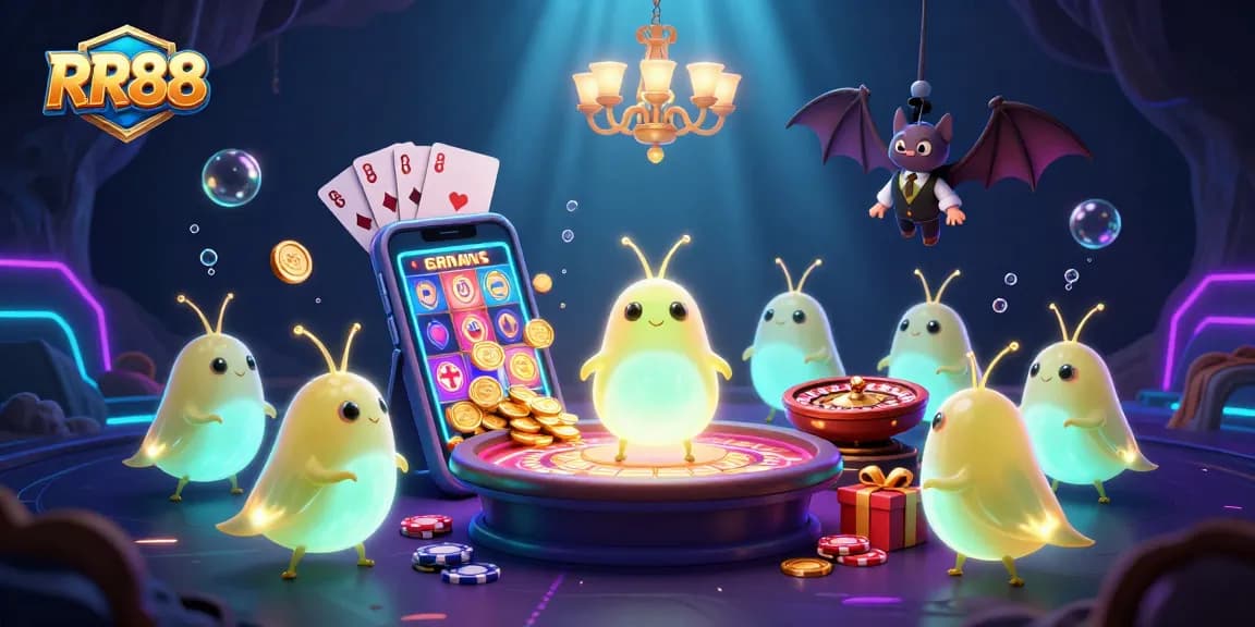 Win big with RR88 at this vibrant online casino scene featuring glowworms and a bat dealer.