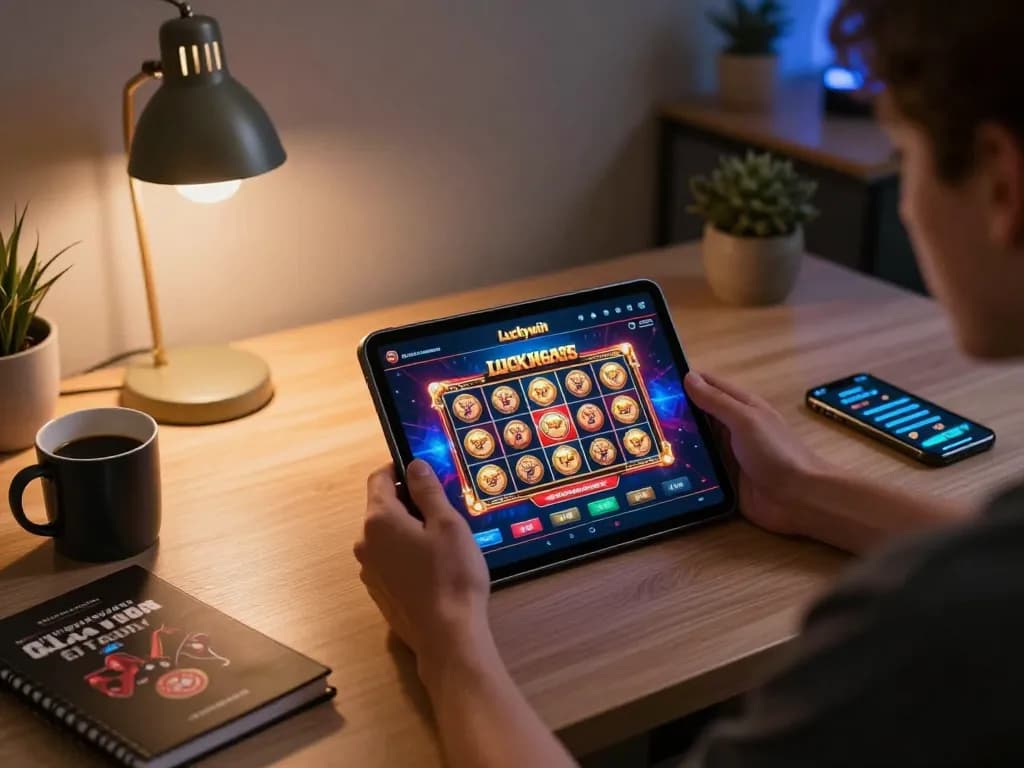 Engaging with the Luckywin casino app on a tablet while relaxing in a cozy home office.