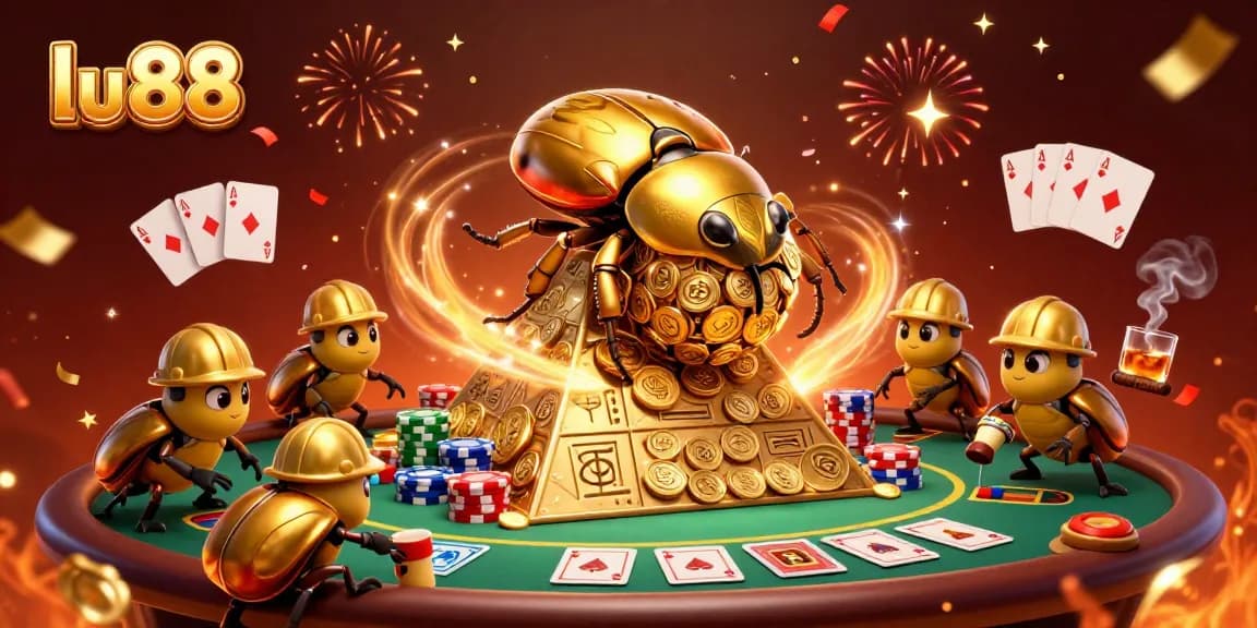 Experience the excitement of lu 88 with a golden beetle rolling coins at a vibrant casino scene.