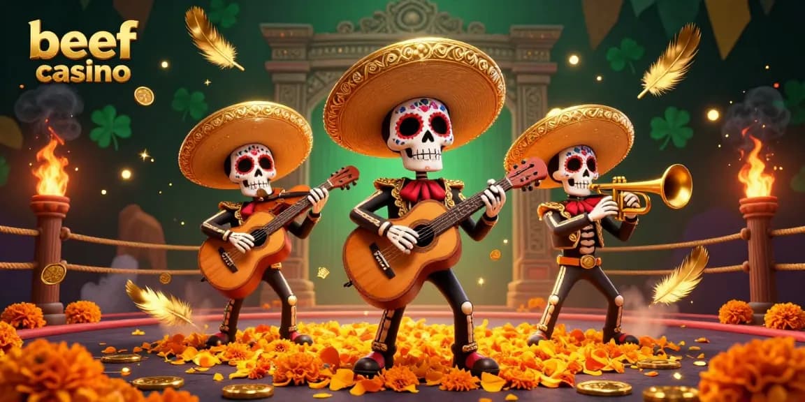 Interaktive Szene im Beef Casino mit einer lebhaften Mariachi-Band, Glückssymbolen und dynamischen Spielelementen.