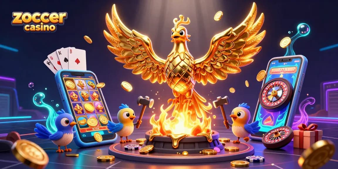 Experience the thrill at Zoccer Casino, featuring a golden phoenix and exciting slots.