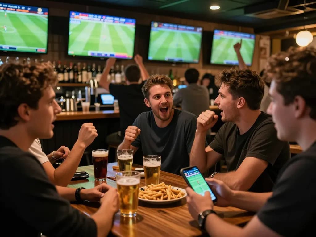 Engaged fans celebrating soccer predictions while placing bets at a sports bar.