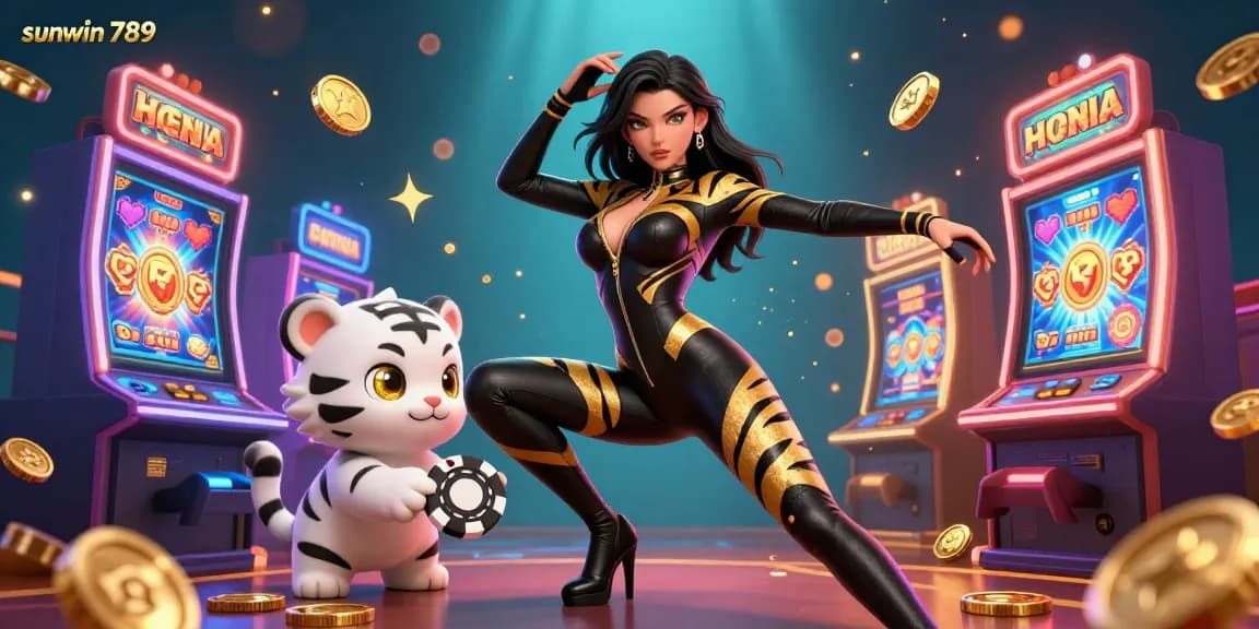 Experience thrilling gameplay with sunwin 789 as a stunning acrobatic woman and a playful tiger showcase the excitement of casino gaming.