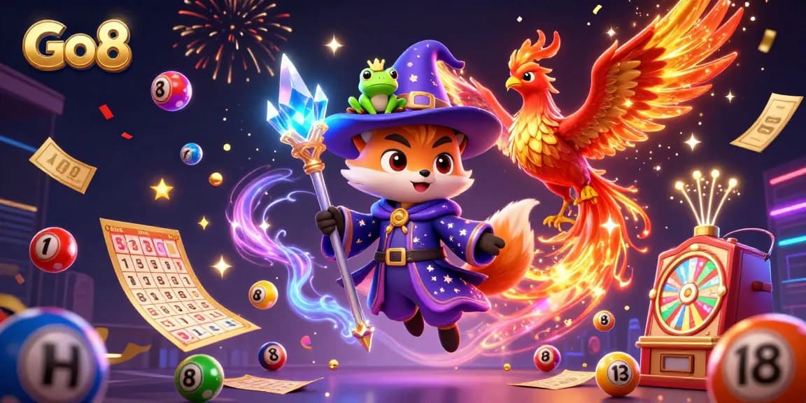 Engage with Go8's vibrant online casino experience, featuring a wizard, phoenix, and magical game elements.