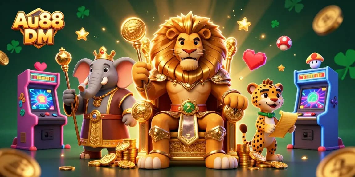 Experience thrilling gameplay with Au88 DM - vibrant 3D casino scene featuring royal characters and arcade machines.