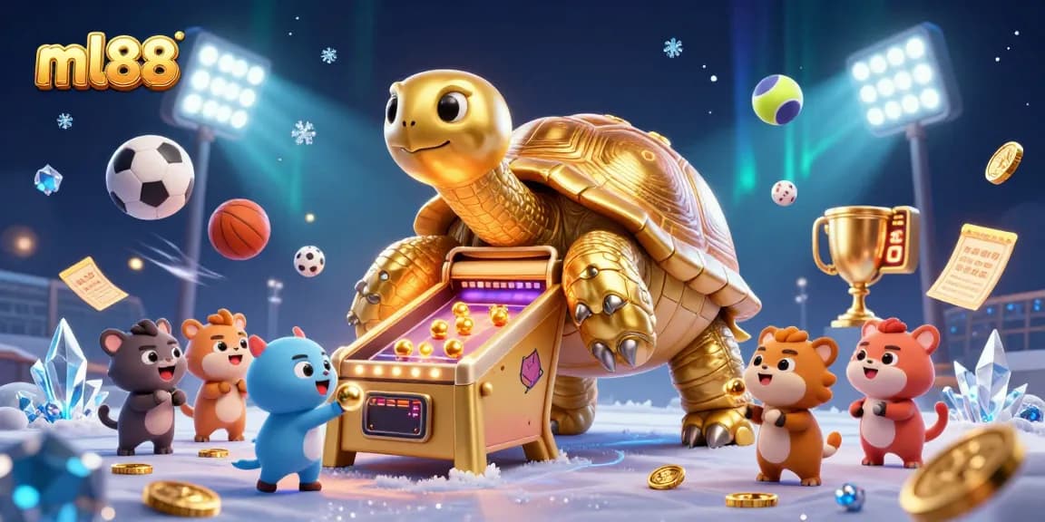 Play exciting games at ml88 with a colossal golden tortoise pinball machine surrounded by sports elements.