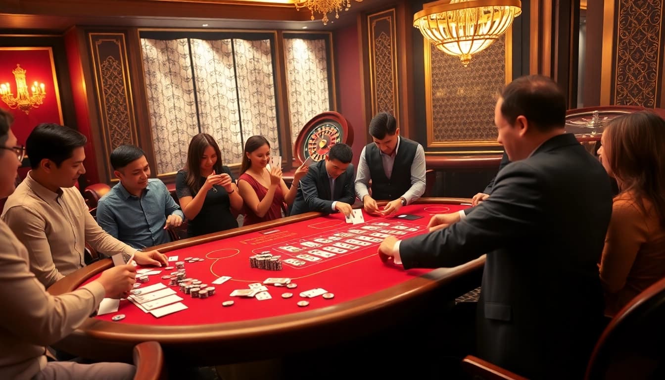 Exciting poker action at 733bet casino with players engaging and betting on cards.