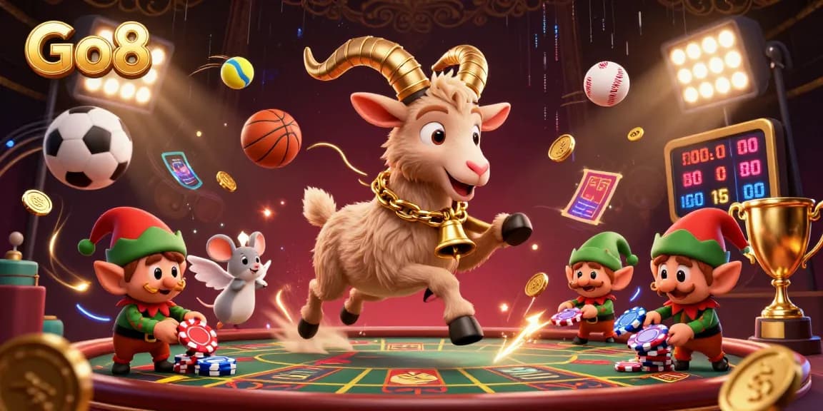 Engage with Go8's vibrant casino scene featuring festive characters and dynamic sports elements.