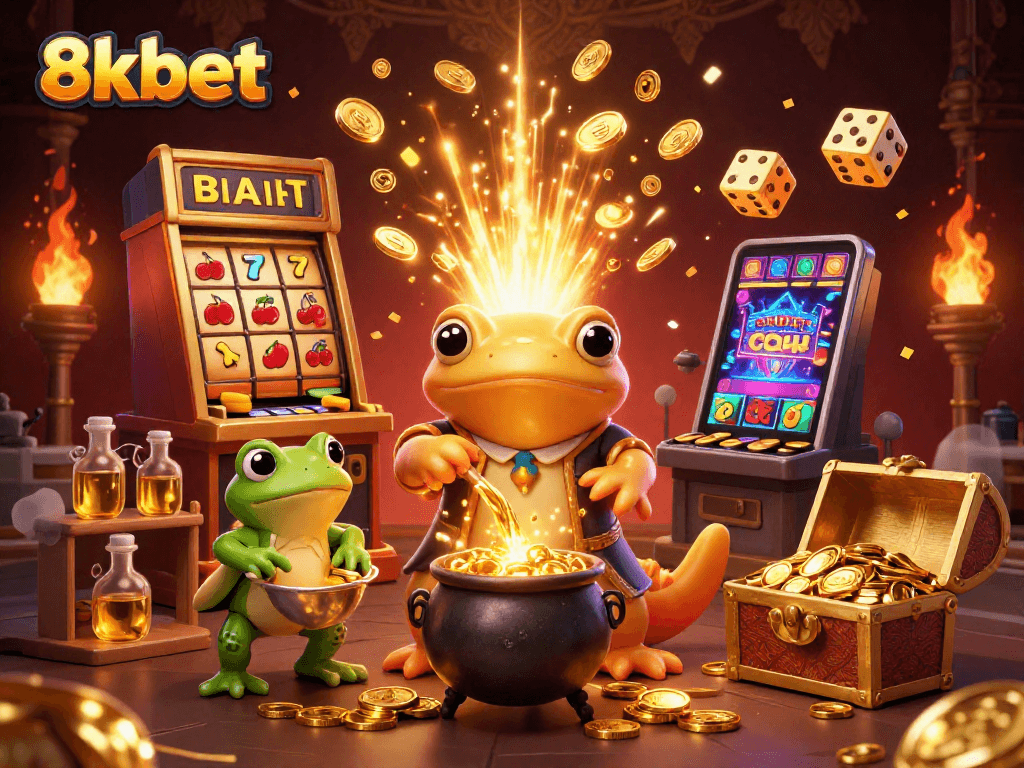 Experience the thrill of gaming with 8xbet, featuring vibrant 3D casino elements and action-packed scenes.