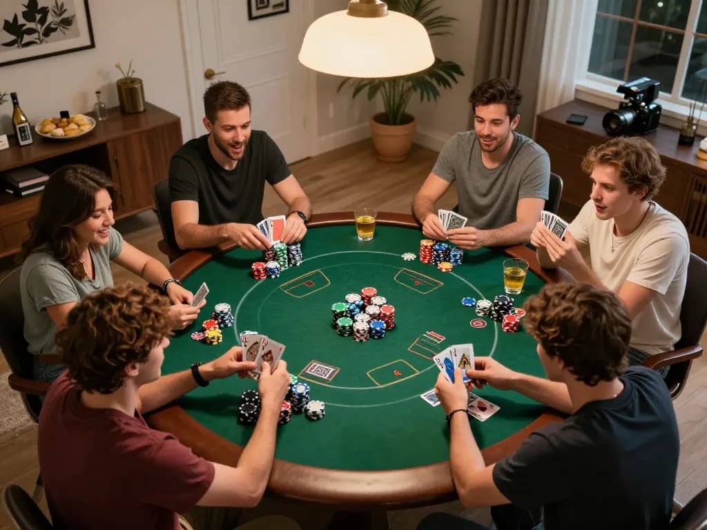 Players enjoy a poker game at home while engaging with alo8net, showcasing excitement and social interaction.