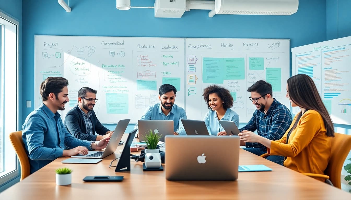 Effiziente Software Entwicklung im modernen Büro mit kreativen Projektideen und Teamarbeit.