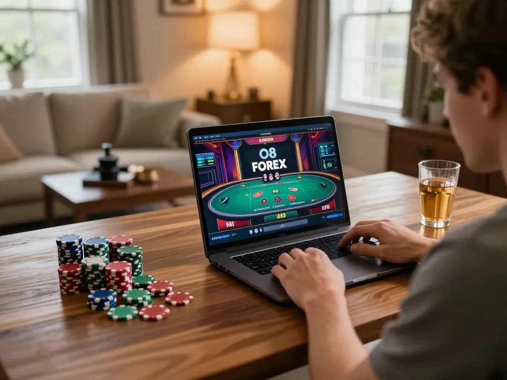 Engaging online casino gameplay on O8 FOREX showcased in a cozy home office setting.
