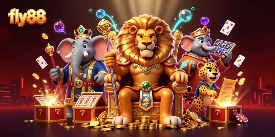Experience the thrill of fly88 with vibrant slot reels, showcasing fierce characters in a dynamic casino scene.