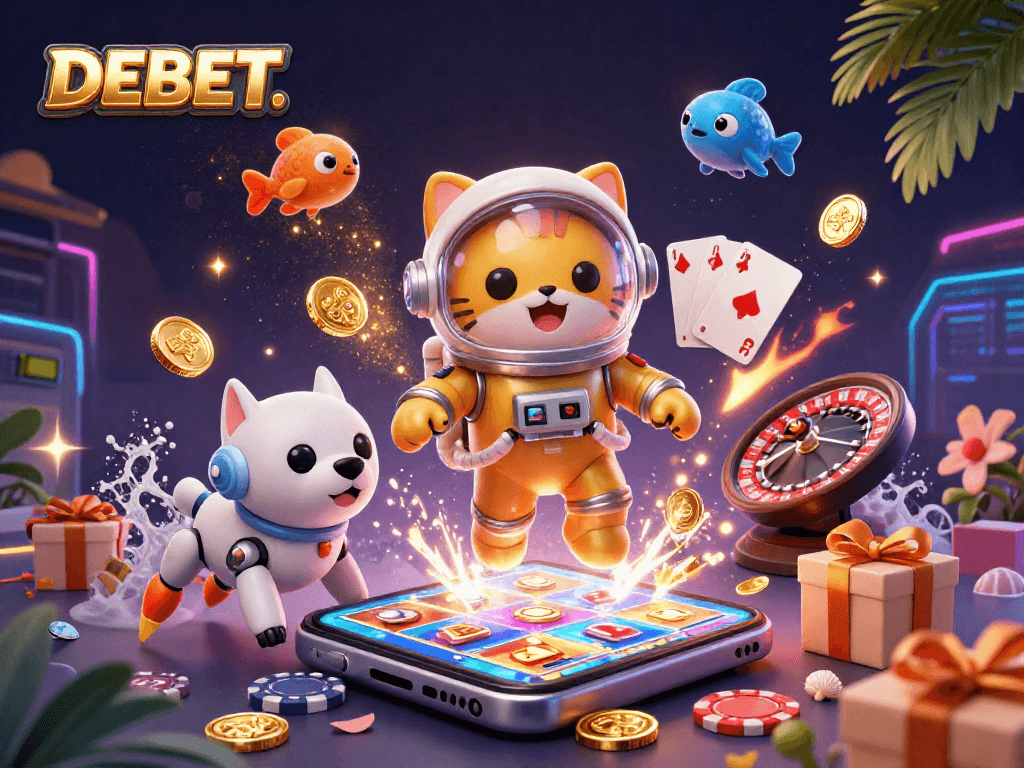 Experience the thrill of DEBET with a cosmic casino adventure featuring space-themed slots and vibrant characters.